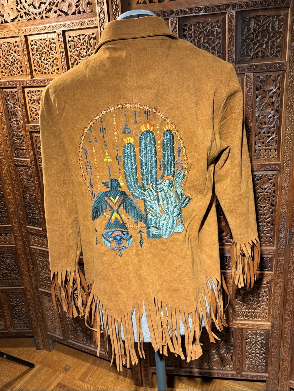 ANDREE BY UNIT Camel Faux Suede Fringe Jacket Embroidered